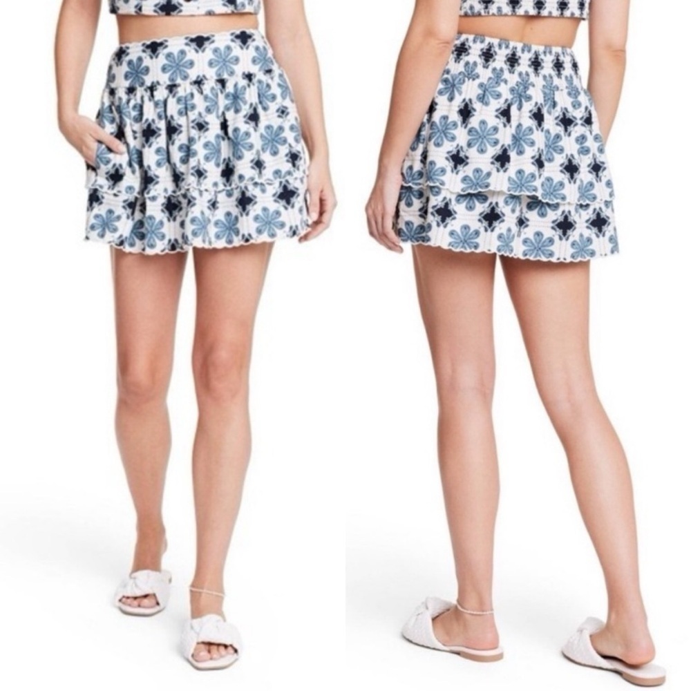 AGUA BENDITA for Target Linen Blend Turquoise Scalloped Hem Floral Mini Skirt